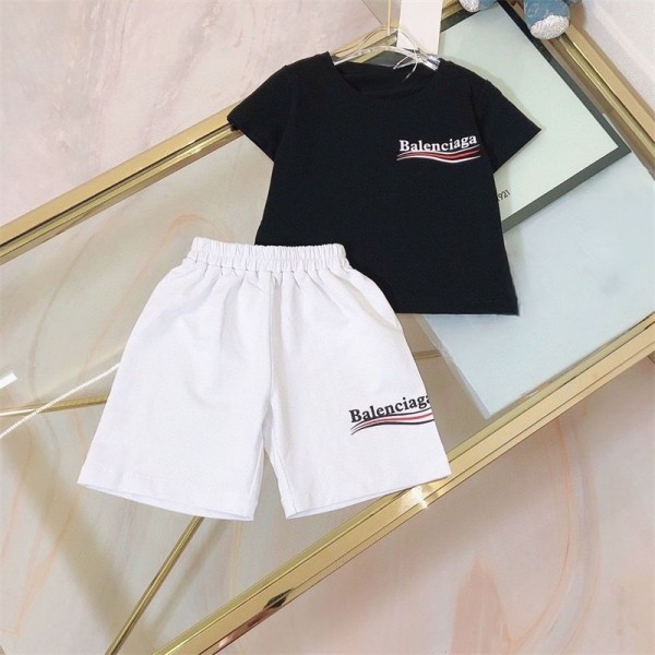 バレンシアガ 子供服 男の子 半袖tシャツ Balenciaga ショートパンツ 短パン 女の子 綿 上下セットアップ 夏服 キッズ ストライプトップス 90 - 160cm 男女兼用 上着 カジュアル クールネック 普段着