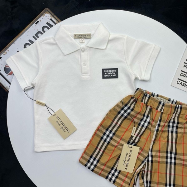 バーバリーキッズポロシャツ トップス Tシャツ ブランドBurberry子供ショーツパンツ ハーフパンツ 格子の柄 男の子 小学生 制服 普段着 キッズ服 半袖 スクール お出かけ 通園 90-160CM 通学 夏 かっこいい 快適 襟付き 上下セット
