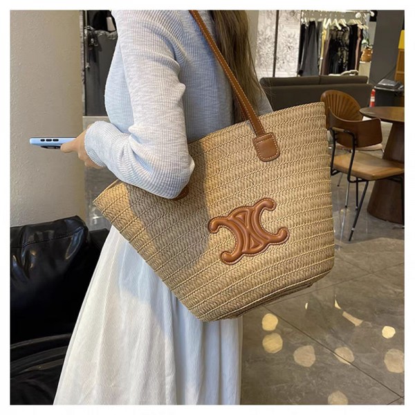 Celine かごバッグ レディース ブランドセリーヌ カゴバッグ 草編みバッグ 手編みかご トートバック 編みバック ビーチバッグ 肩掛け ストローバッグ ショルダー シンプル ファッション 大容量 軽量 カジュアル ファッション 浴衣向け 海水浴 旅行 ハイキング かごバッグ バッグ 夏用