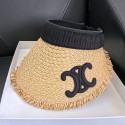 セリーヌサンバイザー 麦わら CELINEレディースサンハット 紫外線 UV カット 大きなつば 日除け 日除けキャップ 可愛い エレガンス ビーズ 小顔効果 女優帽
