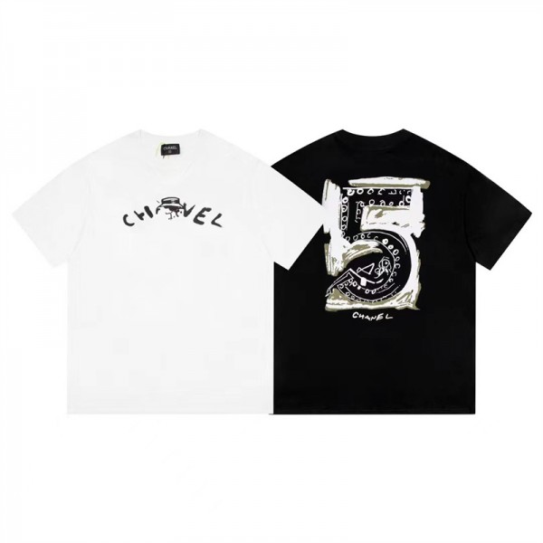 シャネル ブランドｔシャツ 丸首 トップス Chanel レディース 黒白シャツ 半袖Tシャツ カジュアル メンズ プリントtシャツ 高品質 柔らか 着心地よい ファッション簡約 オシャレ 快適 大きいサイズ S~5XL
