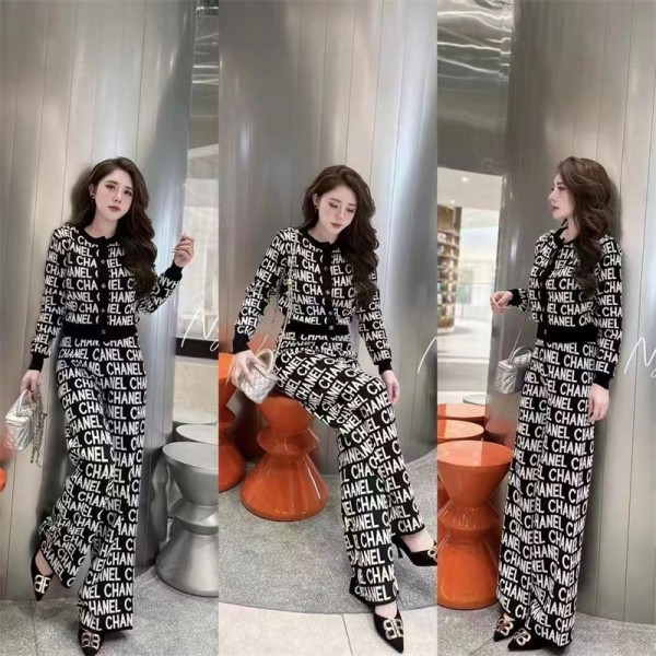 シャネル 女性セーターセット カジュアル Chanel ルーズ長袖ニット カーディガンとワイドレッグパンツ女性のパンツセット衣装 S - L