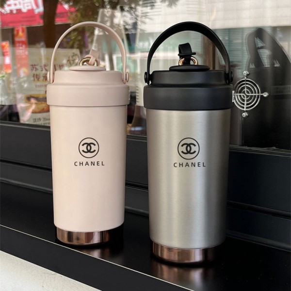 シャネルブランド 水筒 真空断熱 マグボトル(ハンドル付き) 2ウェイボトル ストロー Chanel 保温 保冷 持ち運び マグ ボトル 洗いやすい 広口 ステンレスボトル 洗浄用スポンジ付き ストロー用ブラシ付き 女の子 男の子 おしゃれ 大人 子供 ホワイト