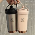 シャネルブランド 水筒 真空断熱 マグボトル(ハンドル付き) 2ウェイボトル ストロー Chanel 保温 保冷 持ち運び マグ ボトル 洗いやすい 広口 ステンレスボトル 洗浄用スポンジ付き ストロー用ブラシ付き 女の子 男の子 おしゃれ 大人 子供 ホワイト