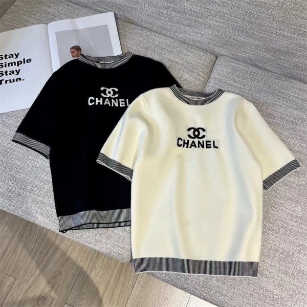 シャネルサマーニット レディース 半袖 Tシャツ Chanelニットｔシャツ ゆったり カットソー トップス ファッション 夏服 エレガント 半袖セーター