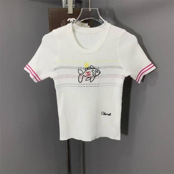 シャネルニットTシャツタッチ Chanelニット半袖 カットソー トップス ストレッチ  XS - Mレディース 韓国 刺繍 セーターTシャツ 涼しい 