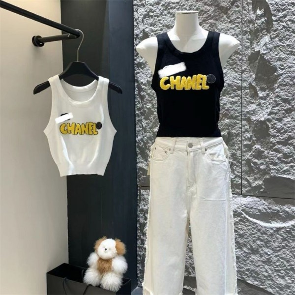 Chanel シャネルブランドシャネルタンクトップ レディース Chanel トップス ニット  XS - L ノースリーブ ショート丈 へそ出し重ね着 夏 キャミソール Tシャツ 薄手 カットソー キャミソール 付け襟 ボーダー柄