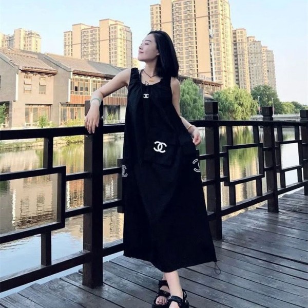 シャネルロングワンピース レディース ブランドChanel ノースリーブ バルーン ワンピース 夏 スカート 体型カバー  S - L キャミワンピース 袖なし aライン ロング丈 着痩せ ブラック