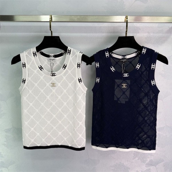 シャネル透かし彫り ニット ベスト レディース 夏 薄手 Chanel ニットノースリーブ S - XL トップス Uネック 体型カバー カジュアル 可愛い おしゃれ フリーサイズ
