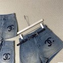 Chanelレディース デニムショートパンツ 大きいサイズ 刺繍 シャネルハイウェスト短パン ネイビー ショーツ 着痩せ 流行り おしゃれ セレブ愛着 S - XL 