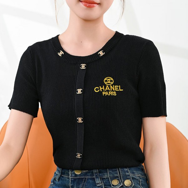 シャネルニットＴシャツ レディース 半袖 トップス サマーニット さらっと爽やか 楽に着れ 肌ざわり柔らか 透かし編みニット Uネック パフスリーブ おしゃれ きれいめ ゆったり 通勤 春 夏 秋 刺繍
