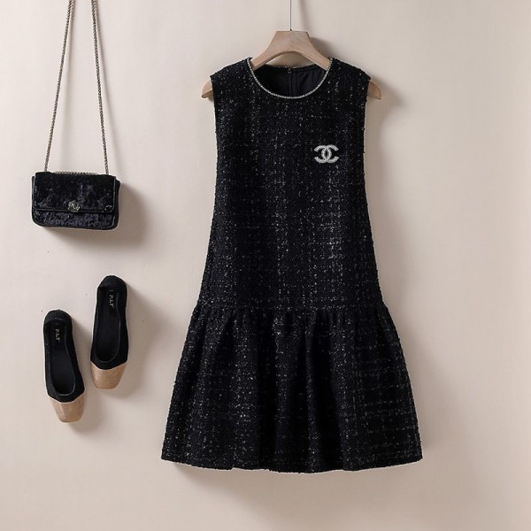 Chanel ツイードワンピース シャネル無袖スカート M - 4XL レディース ロング ノースリーブ フレアーワンピース Uネック 気質 プリーツ きれいめ おしゃれ 大人パーティー 通勤 春夏秋