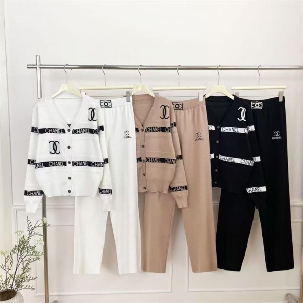 シャネル レディース ニット 2点セット セットアップ 上下セット Chanel ニットセーター ニットトップス ワイドパンツ S- 2XL バイカラー パンツスーツ ファッション カジュアル 可愛い レトロ 通勤 通学 秋冬