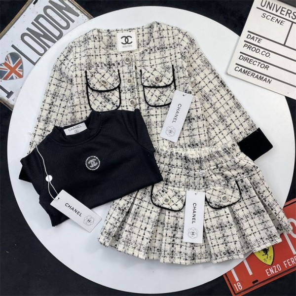 シャネル子供スーツ ツイードスーツ 3点セット キッズ セット Chanel フォーマルスーツ ガールズ 100 - 150cm  スカート インナーｔシャツ ジャケット ショート丈 子供服 キッズセッアップ 可愛い チャック柄 お洒落 卒業式 入学式 幼稚園 七五三 結婚式 発表会