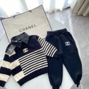 ブランドシャネル女の子 子供服 セットアップ Chanel キッズ服 スウェット 2点 上下セット 長袖ニットパーカー セーター上着 ポロパーカー ロングストレートパンツ 春 秋 小学生 中学生 スポーツ 運動会 無地 黒色 100-150cm