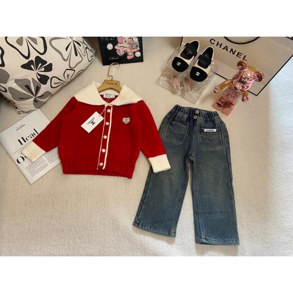 ブランドシャネルキッズ服 女の子 セットアップ Chanel 子供長袖セーター ワイドパンツ 子供服 ニットコート かわいい デニムパンツ 上下セット ベビー服 トップス ズボン セット 90¬140cm 可愛い お洒落 