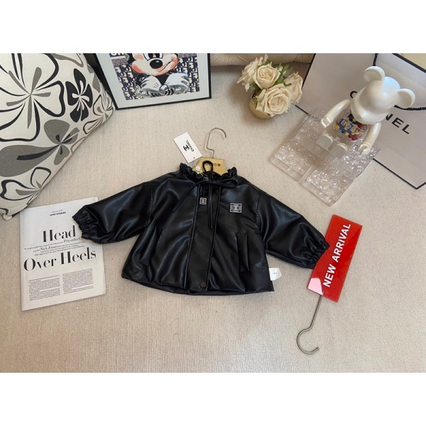 ハイブランドシャネル子供フェイクレザージャケット Chanel キッズ ブラック PUコート オートバイ ボンバーコート 73¬100cm 防風アウター ポケット付き 革ジャケット