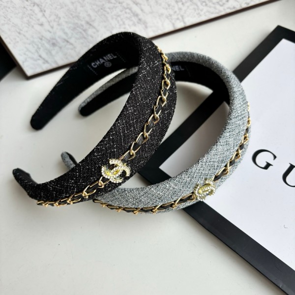 ブランドシャネルヘッドバンド Chanelヘアカチューシャ メタルチェーン付き ツイード生地 高クビレ効果 頭小さく見える 髪固定 おしゃれ デイリー使いに最適 黒 グレー