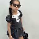 ブランドシャネル女の子 子供服 上下セット Chanel ガールズバブルスリーブ半袖トップス レイヤード風スカート 韓国系キッズウェア 夏服 カジュアルコーデ お嬢様風セットアップ 90-140cm