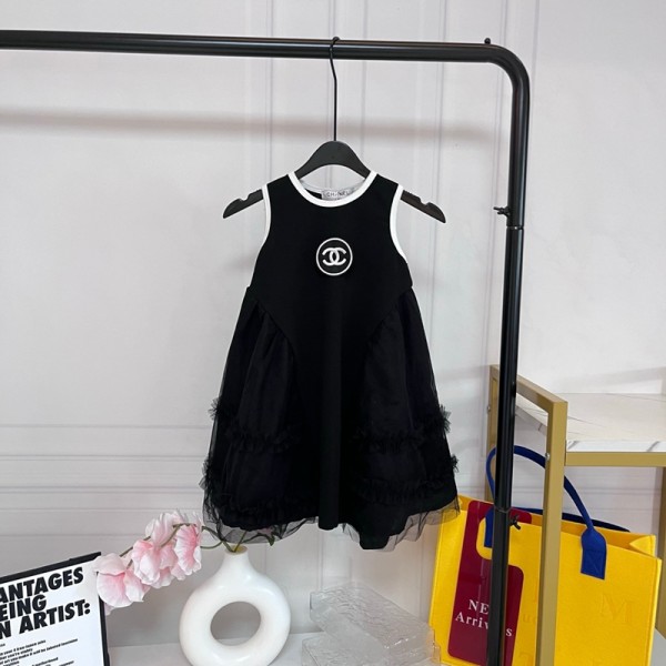 ブランドChanelチュールワンピース シャネル子供 女の子 タンクワンピース クルーネック 半袖 薄手 着痩せ ゆったり フリルスカート 可愛いリポン本 夏服 キッズ 通学 演奏会 パーティー 90¬140CM