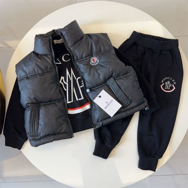 Moncler モンクレール ブランドパーカー 長袖 ジャージ 上下セット 秋冬 男の子 スポーツウェア 裏起毛パーカー パンツ ベスト 3点セット 子供服 フード付き キッズ ボーイズ 保温 防寒 通学 通園 90~150cm