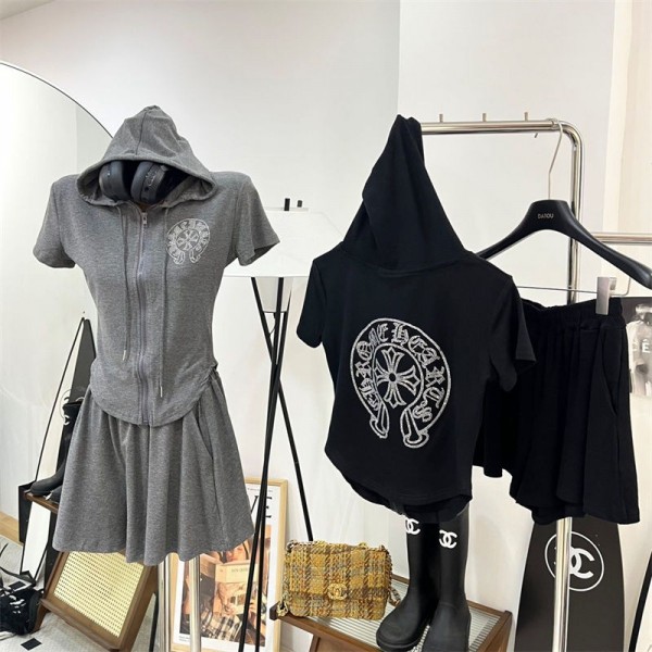 Chrome Hearts レディース セットアップ 夏 ジップ クロムハーツ半袖ポロシャツ スウェット ショートスカート 2点セット 薄手 カジュアル 人気 おしゃれ 韓国風 運動着 部屋着 ルームウェア スポーツウェア 