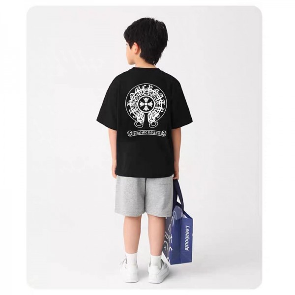 ハイブランドChrome Hearts キッズ 半袖 tシャツ クロムハーツ子供ｔシャツ 丸首 UVカット 薄手 グラフィックロゴプリント ショートスリーブTシャツ 110-160cm スクールスポーツ