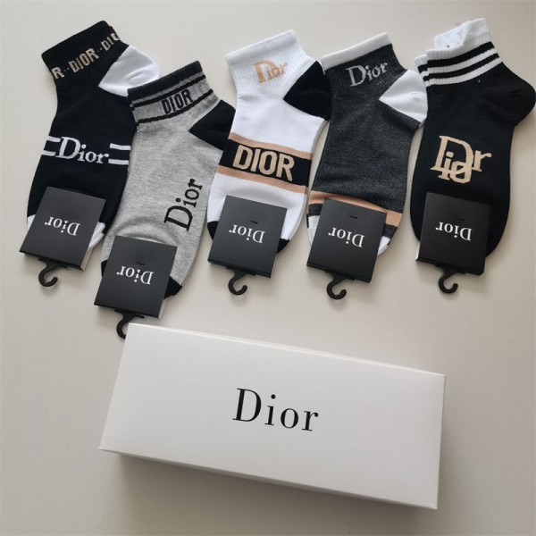 Dior ディオールレディース向け 靴下 かわいいブランド ストッキング 大人気コットン 靴下 メンズ 通気性ブランドミドルソックス 高品質 5足セット