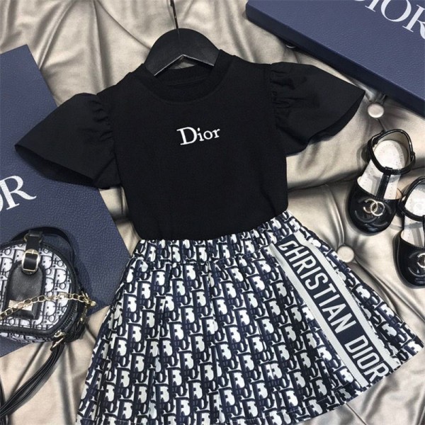ディオール子供服 セットアップ 夏 Dior 子供服 女の子 2点セット 半袖 Tシャツ ミニスカート モノグラム柄 可愛い おしゃれ 通学着 通園着 海遊び 普段着 90 - 160cm