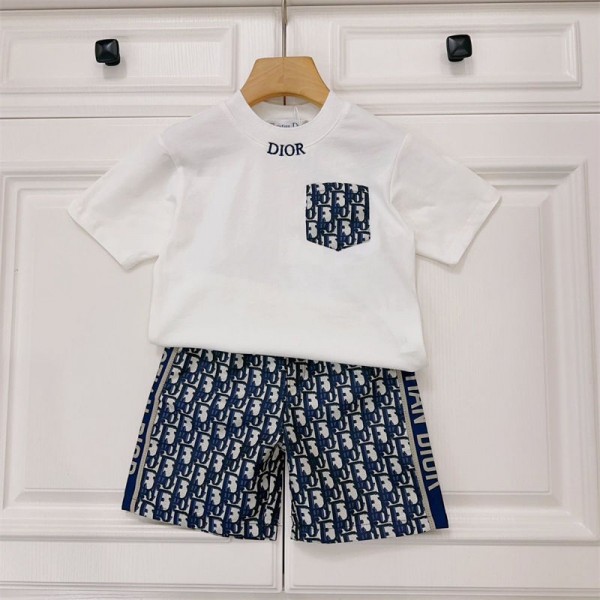 ディオール子供服 男の子 半袖tシャツ Dior キッズ用ショートパンツ 短パン 女の子 綿 上下セットアップ 夏服 キッズ 男女兼用 上着 カジュアル 90 - 160cm