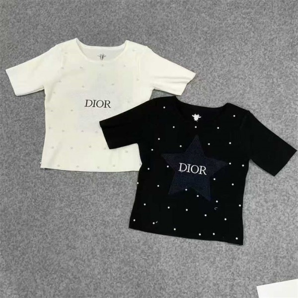 ディオールサマーニット レディース 夏 ブランド Dior リブニット S - XL トップス ニット 半袖 ハーフスリーブ スリム 着痩せ