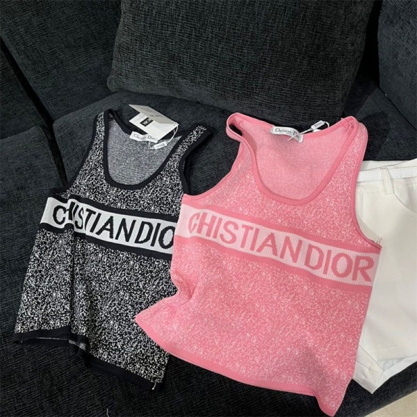 ブランドディオールニット タンクトップ レディース Dior サマーニット トップス ノースリーブ セーター リブ編み 夏 薄手 インナー きれいめ 接触冷感
