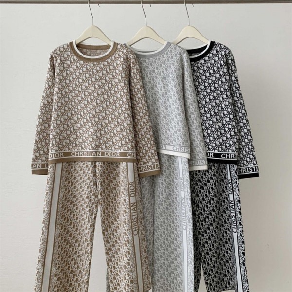ディオールニットセットアップ レディース 上下セット カジュアル Diorニット 2点セット 長袖 シャツ トップス ウエストゴム ストレート ロングパンツ スエット 大きいサイズ 普段着 春 秋 S - 2XL 