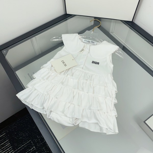 ハイブランド Dior ベビー服 半袖 ディオールキッズ夏服ワンピース 女の子 スカート 赤ちゃん お宮参り発表会 七五三バースデー贈り物フリル無地ホワイト白い 66¬100cm