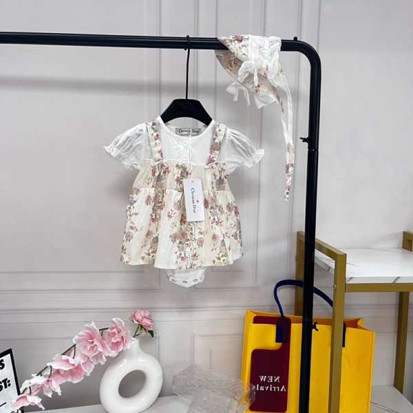 ブランドDior赤ちゃん レース ドレス 女の子 ディオールベビー ロンパース チュールスカート オシャレ フリル 可愛い ベビー服 髪飾り付き  66~90cm プリンセス 新生児 出産祝い プレゼント