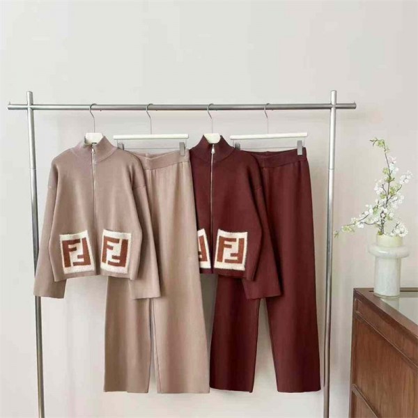 Fendi フェンディ ハイブランド ニット ワイドパンツ レディース Fendi 上下セットアップ パンツスーツ 同窓会 服装 ツーピース フォーマル 上下 二点セット 秋 冬 S - 2XL
