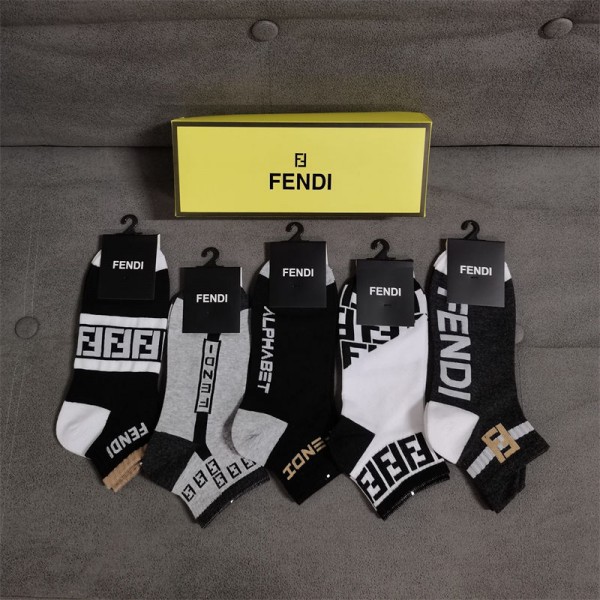 Fendi フェンディブランド ストッキング 大人気コットン 靴下 メンズ 通気性ブランドミドルソックス 高品質上質な コットン ソックス くつした 5足セット