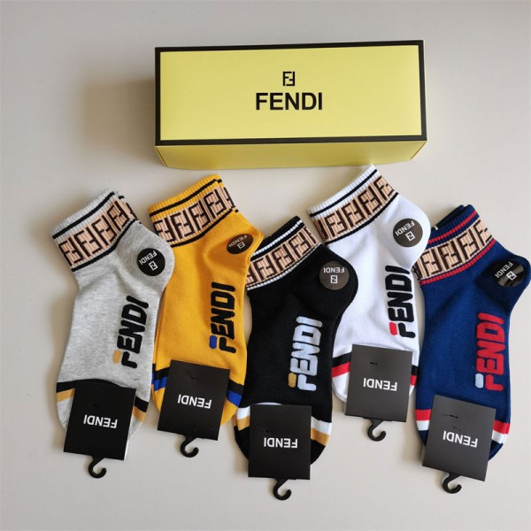 Fendi フェンディブランド ストッキング 大人気コットン 靴下 メンズ 通気性 5足セット 浅口ソックス 女の子好き 韓国ブランドソックス 男女兼用 ファッション