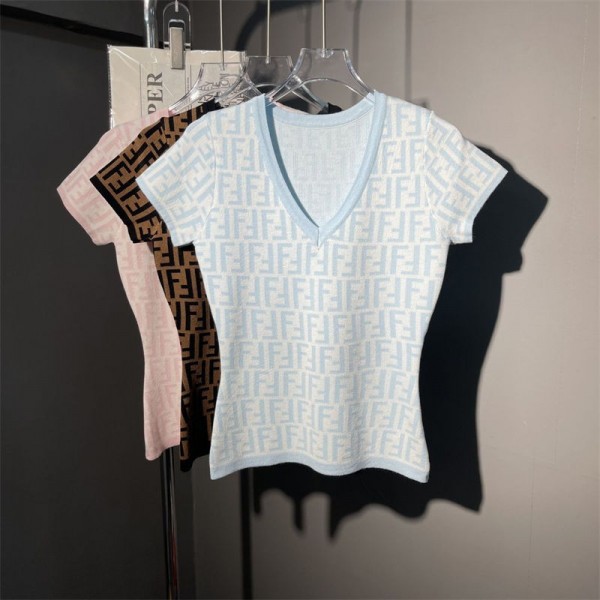 フェンディニットTシャツ カットソー インナー Fendi ショート 半袖 レディース リブ Vネック 薄手 春夏 タイト シンプル  XS - L エレガント 韓国風 スリム 着痩せ