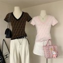 フェンディニットTシャツ カットソー インナー Fendi ショート 半袖 レディース リブ Vネック 薄手 春夏 タイト シンプル  XS - L エレガント 韓国風 スリム 着痩せ