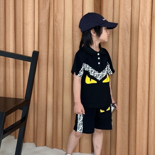 ハイブランドフェンディ子供セットアップ カジュアル Fendiキッズ服上下セット トップス＋パンツ 子供服 ポロシャツ 半袖 男の子 Tシャツ 快適 90-150cm 赤ちゃん 幼児服 通園 夏服 可愛い 2点セット 大きいサイズ 出産祝い お出かけ プレゼント ベビー服