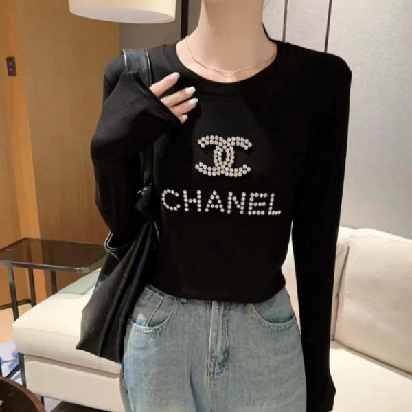 Chanel シャネル Gucci グッチ シャツ 長袖 丸首 黒白 冬秋 キラキラ 人気