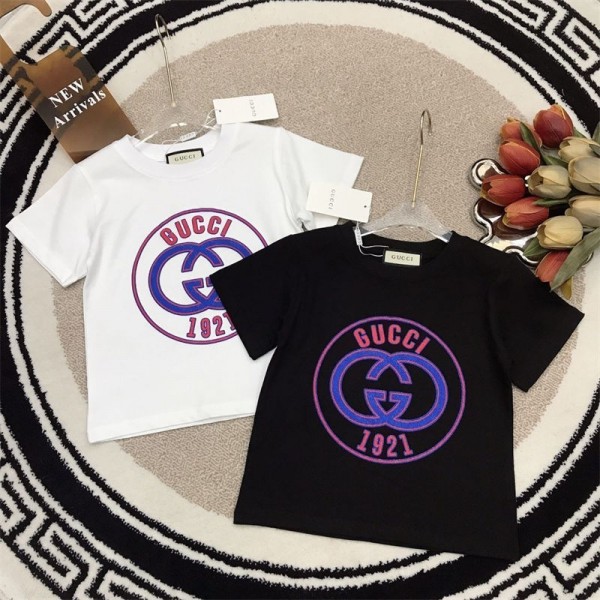 GG ハイブランド子供Tシャツ スクリプトロゴ キッズ 半袖 丸首トップス 綿100% クールネック ラバープリント ショートスリーブTシャツ ベーシック90- 160cm