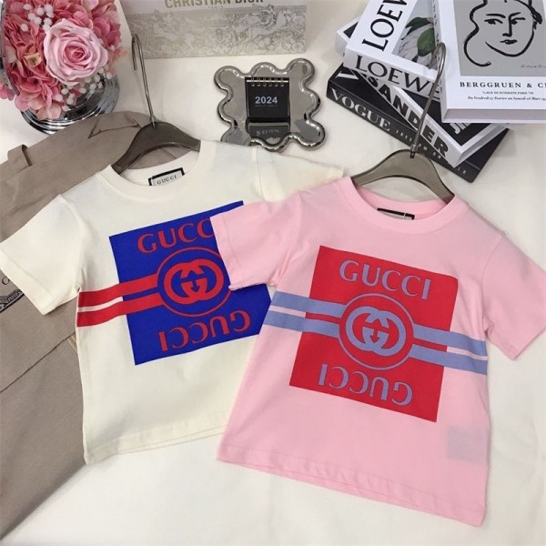 GG ブランド子供tシャツ キッズ用Tシャツ スクリプトロゴ キッズ 半袖 丸首 綿100% クールネック ラバープリント ショートスリーブTシャツ ベーシック 90 - 160cm