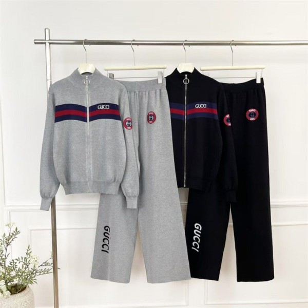 ブランドGG ニット セットアップ レディース ハイネック Gucciニットパンツ スーツ ニットセーター+ズボン カーディガン セーターコート 上下セット 長袖 切り替え ギャザー フリル フレア 仕事着 S - 2XL