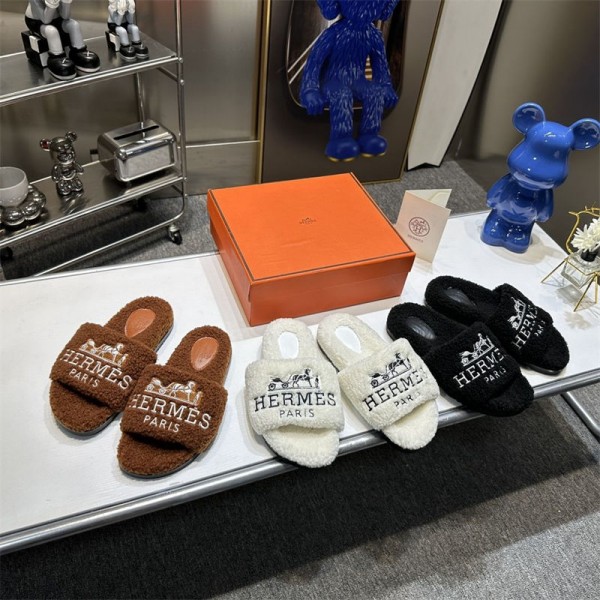 Hermes エルメスブランド 秋冬スリッパ レディース お出かけ用サンダル可愛い カジュアルシューズ 激安ブランド ミュール  美脚 可愛い滑 冬用スリッパ 室内スリッパ ルームシューズ 