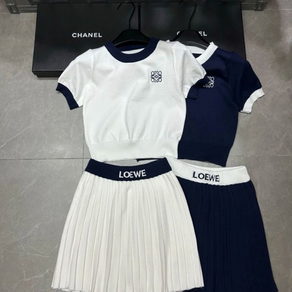 ロエベサマーウェア レディース 上下セット 半袖ｔシャツ プリーツスカート ニットｔシャツ スポーツウェア Tシャツ S - L キュロットスカート 2点セット 春 夏 カジュアル 無地 シンプル おしゃれサマー
