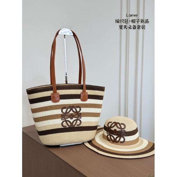 ブランド ロエベレディース サマービーチバッグ Loewe 夏用ストローハット 麦わら帽子 編みトートバッグ 日焼け止めハット 手作り編みショルダーバッグ ビーチ 旅行 日常使い用