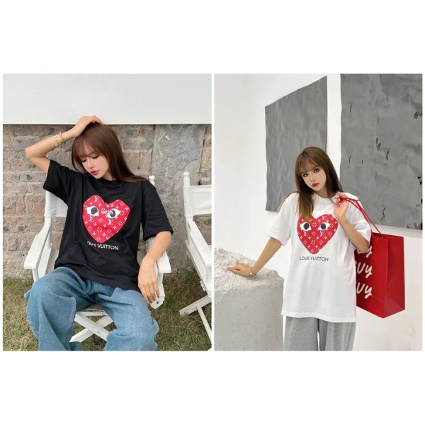 川久保玲 Play  ルイヴィトン Tシャツ CDG 半袖 モノグラム柄 シンプル 男女兼用 ファッション スウェット パーカー ハイブランド トレーナーシャツ 流行り 高品質 丸首 トップス カジュアル