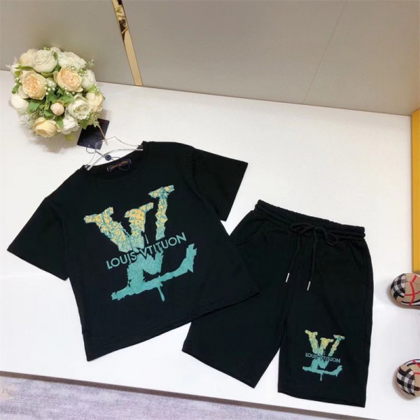 ブランド LV 子供服 男の子 セットアップ ルイヴィトンキッズ服  夏服 半袖 Tシャツ ハーフパンツ 半ズボン 上下セット 子供 ジャージ 上下セット 男の子 カジュアル 韓国 お洒落 男の子 半袖スウェット セットアップ キッズ 出産祝い 90-160